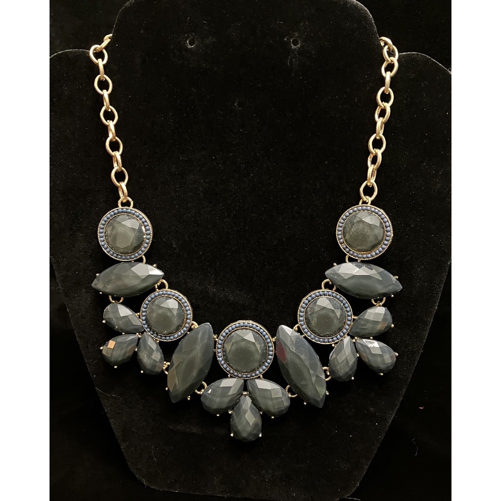Smokey Shades Blue Gray Green Gold Tone Statement Bib Necklace Bold Hollywood